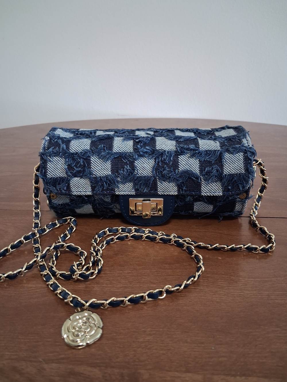 Denim Check Chain Clutch in Navy Blue